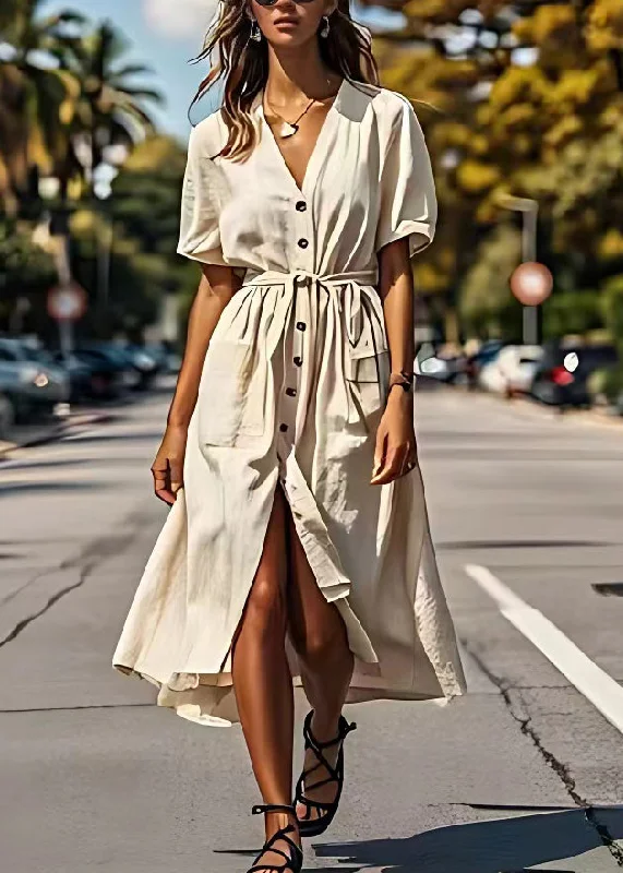 Elegant Beige V Neck Tie Waist Button Cotton Dress Summer