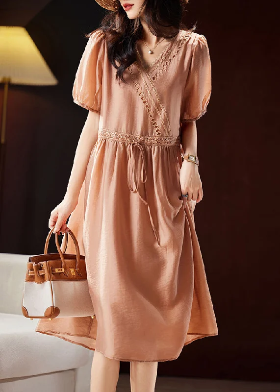 Classy Orange V Neck Hollow Out Patchwork Tie Waist Silk Long Dresses Short Sleeve