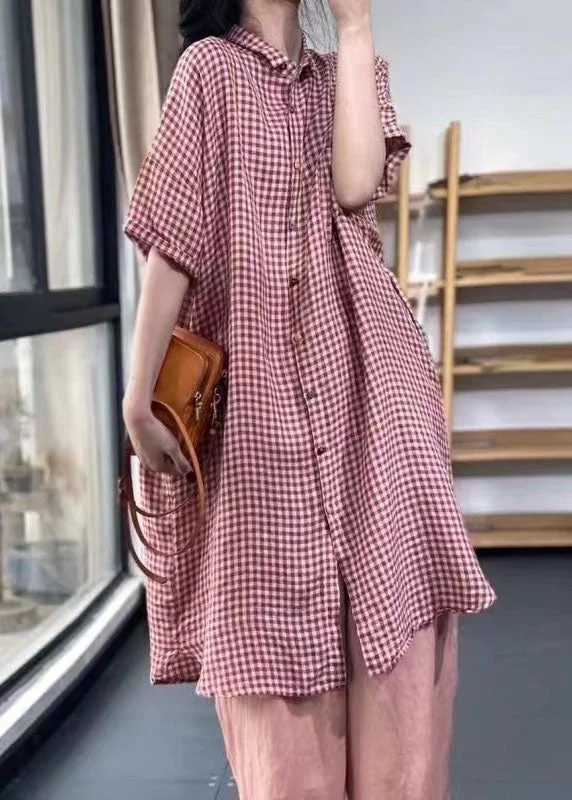 Handmade Red Peter Pan Collar Plaid Cotton Shirts Dress Summer