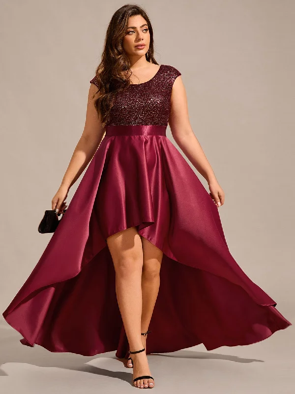 Plus Size Elegant Round Neck Asymmetrical Hem Sequin Contrast Satin Dresses with Raglan Sleeves