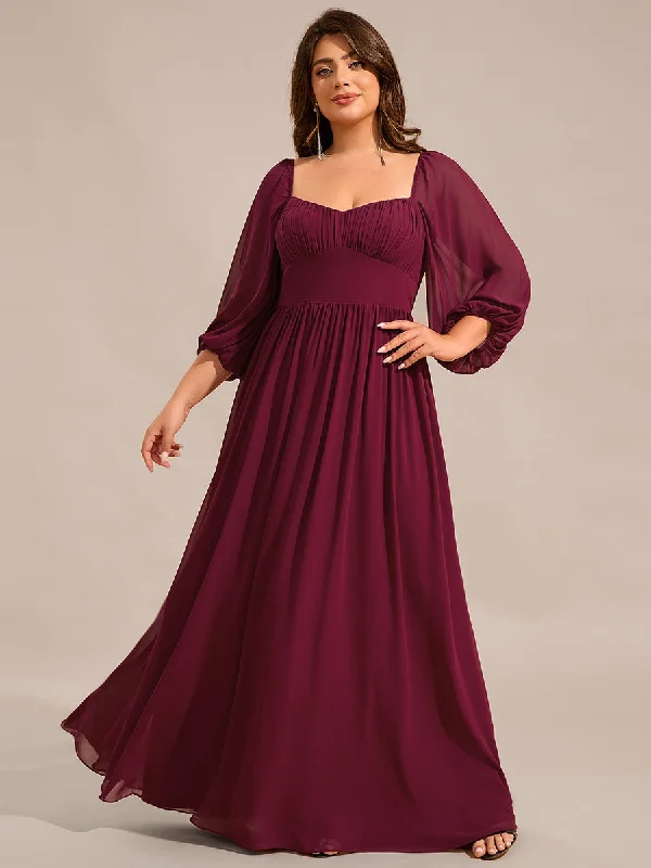 Plus Size Graceful Sweetheart 3/4 Lantern Sleeve Chiffon Bridesmaid Dresses with Frenulum knotting