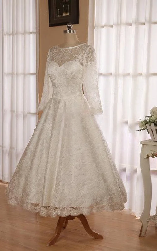 Jewel 3 4 Length Sleeve Low V Back Tea Length Lace Wedding Dress-711187