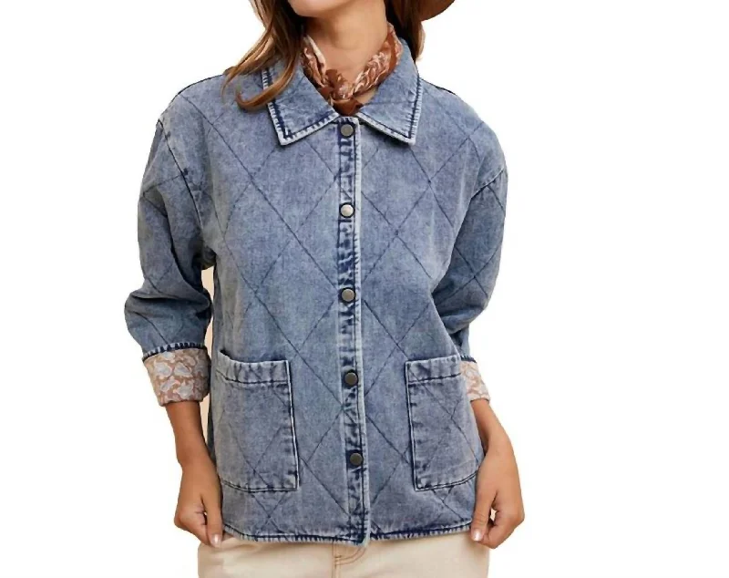 Quilted Padding Denim Jacket In Medium Wash