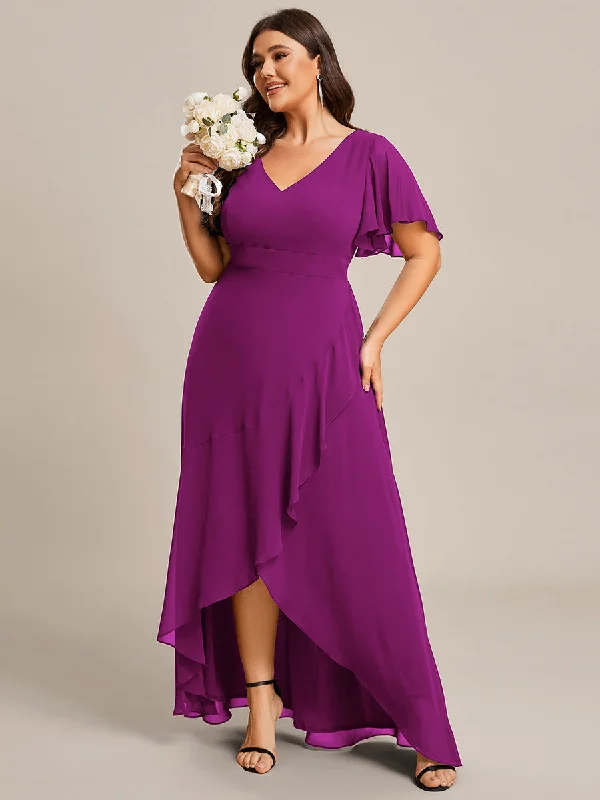 Plus V Neck High Low Ruffles Chiffon Wholesale Bridesmaid Dresses