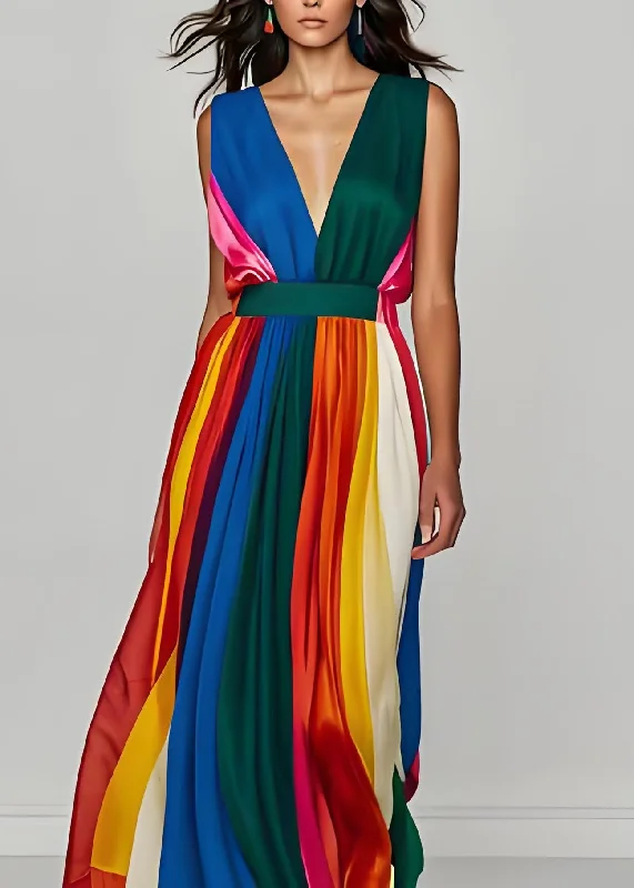 Stylish Colorblock V Neck Patchwork Silk Long Dresses Sleeveless