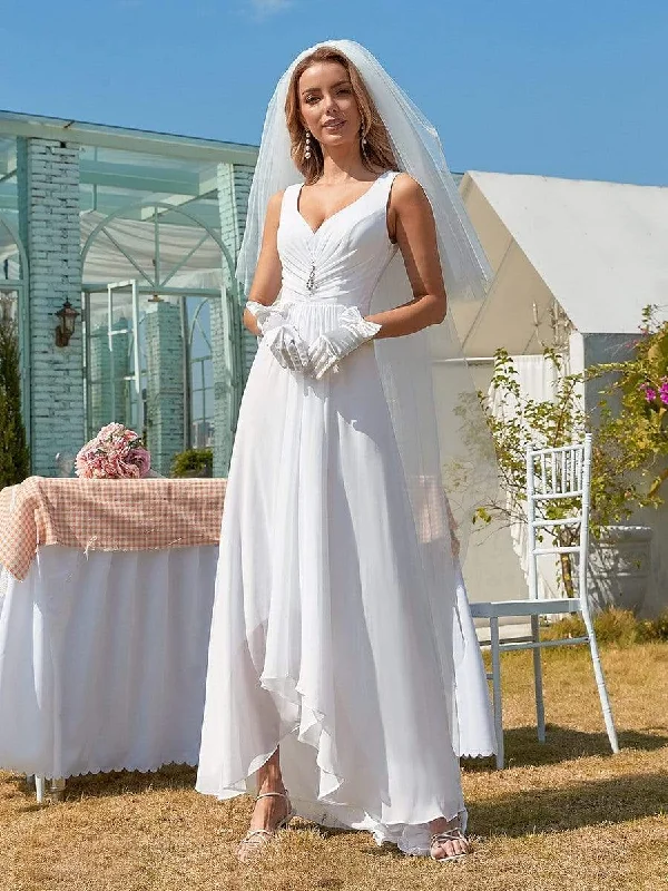 Simple V Neck Chiffon Wholesale Wedding Dress with Asymmetric Hem