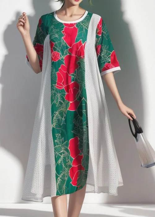 Fashion Colorblock O Neck Print Silk Dress Summer