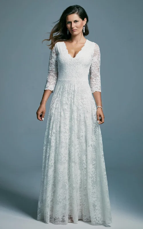 Lace V-neck Bohemian V-neck Sheath Wedding Dress With Zipper Back And Appliques-716563