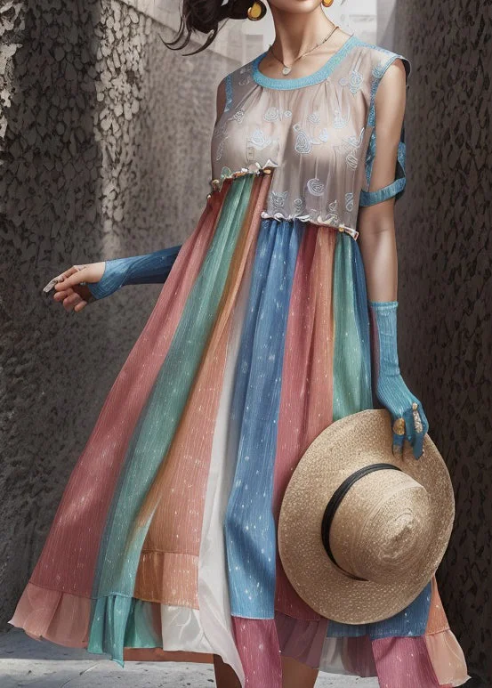 Chic Rainbow Ruffled Patchwork Silk Long Dresses Summer