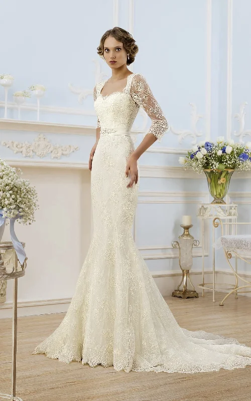 Sheath Long Square Illusion-Sleeve Keyhole Lace Dress With Ribbon-714371