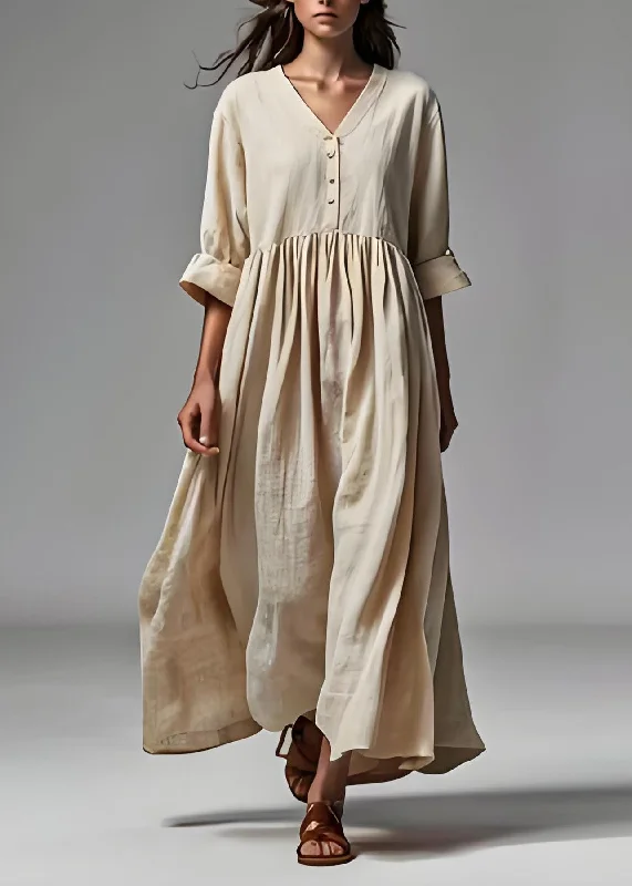 Plus Size Beige V Neck Wrinkled Patchwork Cotton Dresses Summer