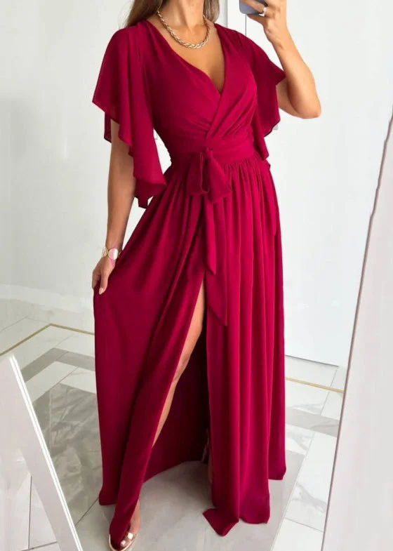 New Red V Neck Tie Waist Side Open Cotton Maxi Dress Summer