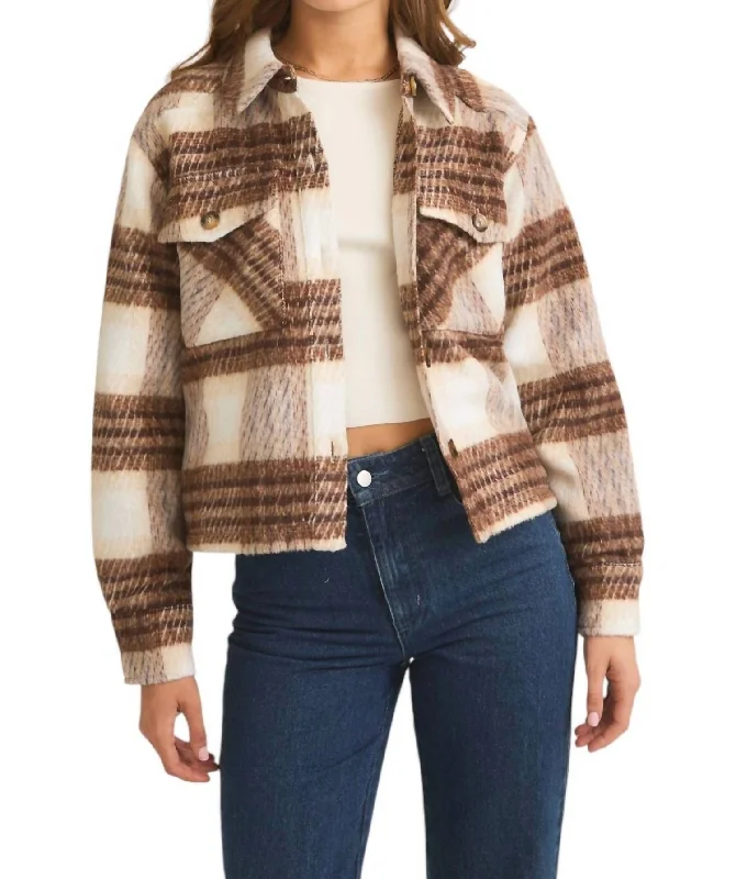 Brushed Plaid Shacket In Cream/brown