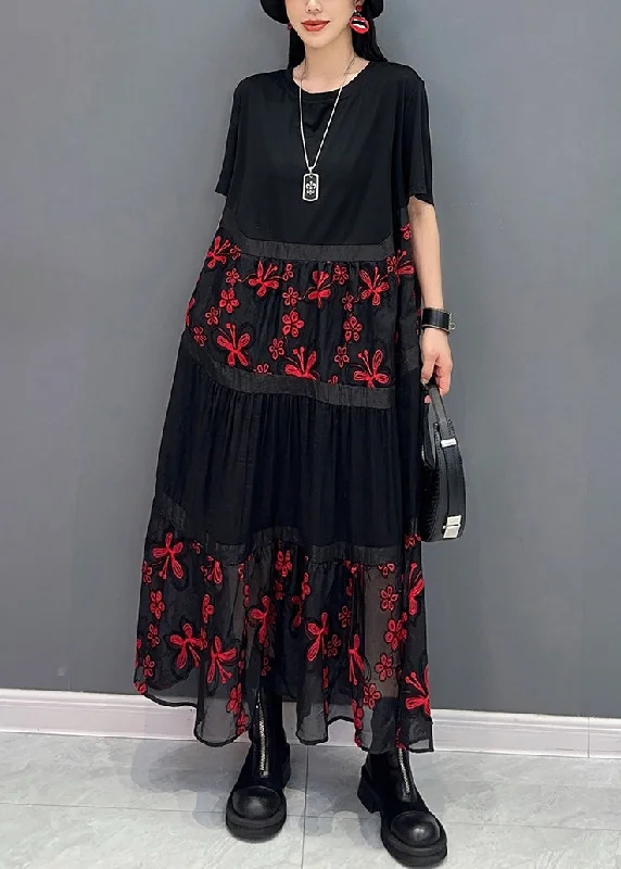 Loose Red Embroidered Patchwork Cotton Long Dress Summer