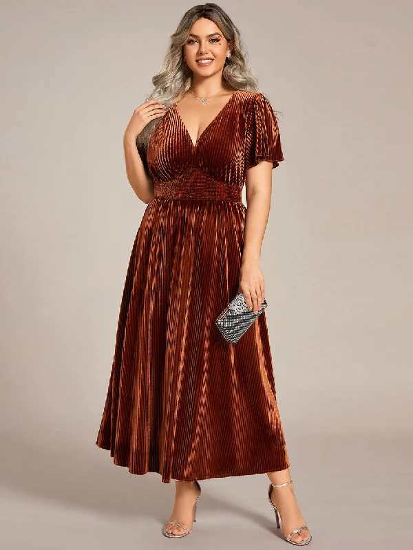 Plus-Size-V-Neck Tea Length Velvet Wedding Guest Dresses