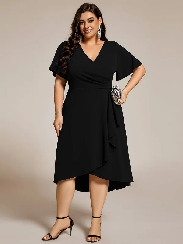 Plus Size Elegant Midi Length ruffles sleeve Twisted Wedding Guest Dresses with Regular Fold Stream