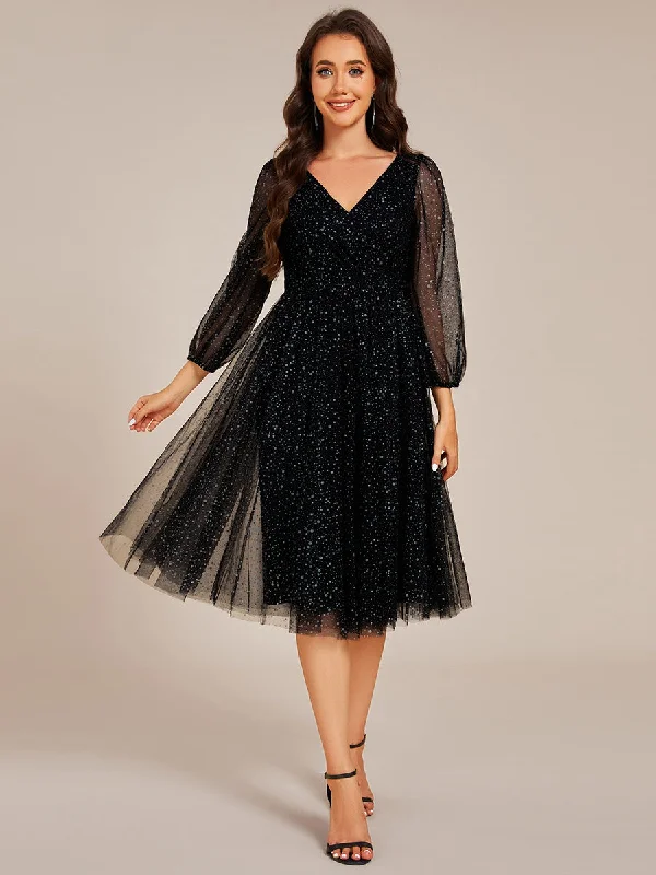 Exquisite See-Through Lantern Long Sleeve Midi Length Sequin Tulle Wedding Guest Dresses