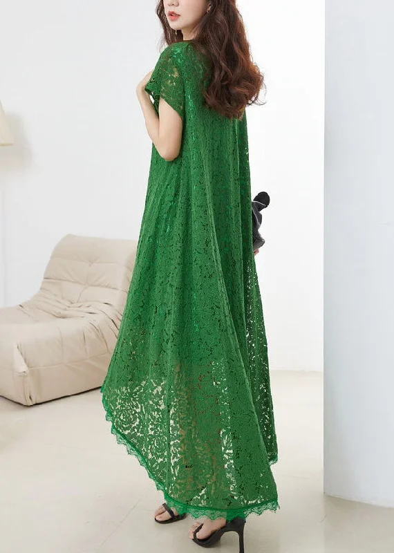 Loose Green V Neck Hollow Out Lace Dress Summer