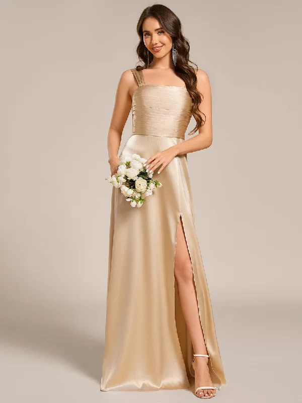 Elegant Bodycon Split Fishtail Floor Length Satin Bridesmaid Dresses with Regular Fold Stream