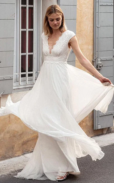 Bohemian V-neck Chiffon Lace A Line Short Cap Sleeve V Back Wedding Dress with Sweep Train-715905